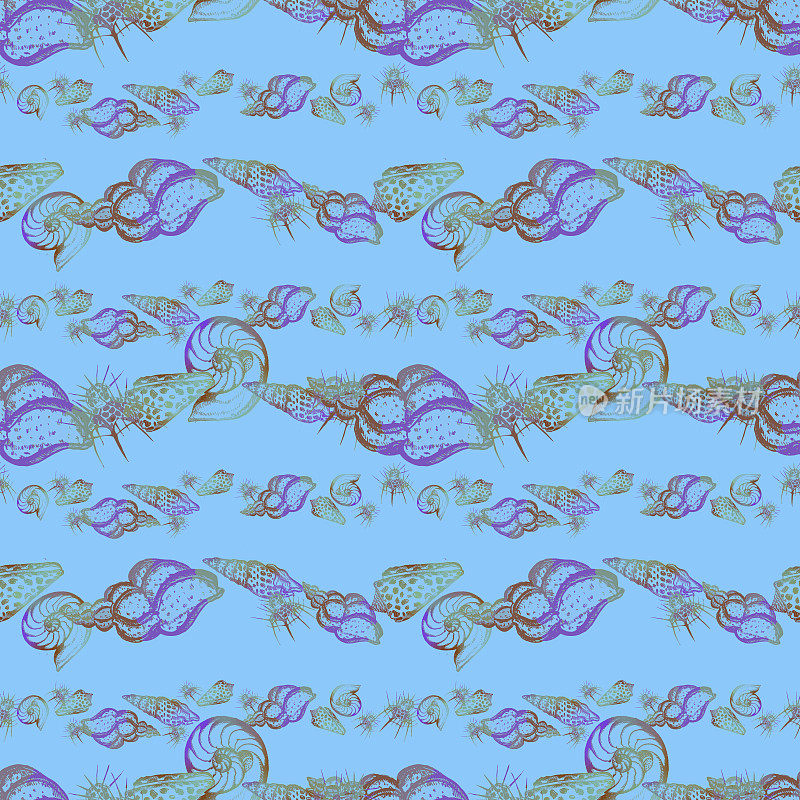 Watercolor exotic seamless pattern. Shellfish. Underwater life.